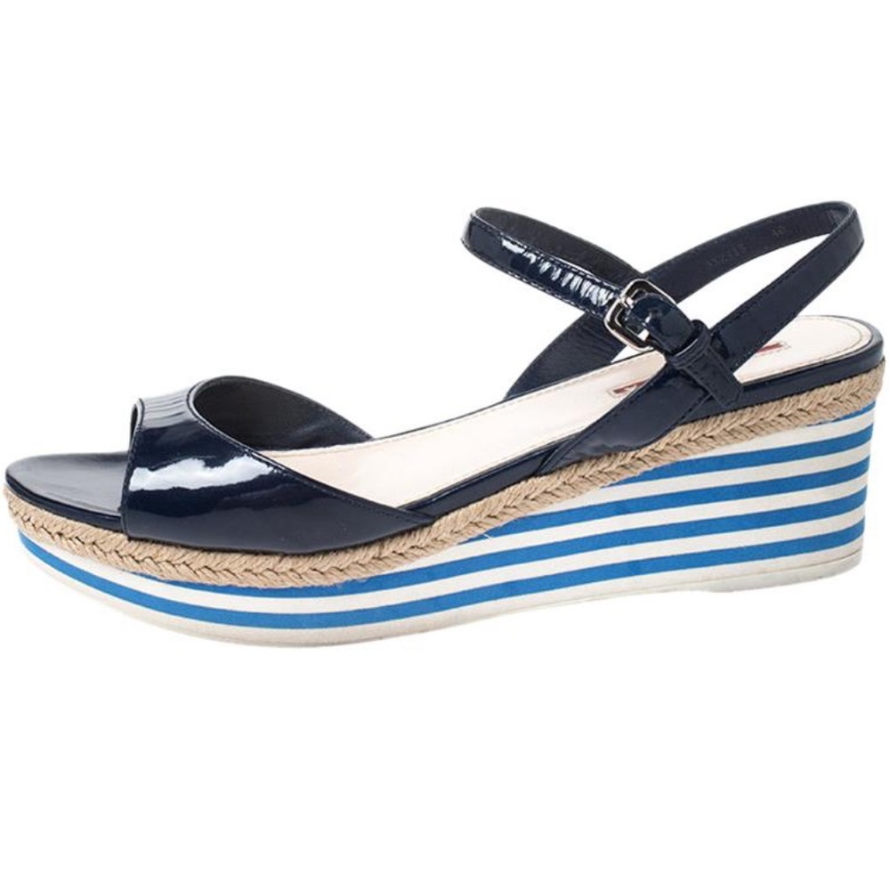 Prada Navy Patent Leather Espadrille Wedge Sandals with Blue Stripe Platform